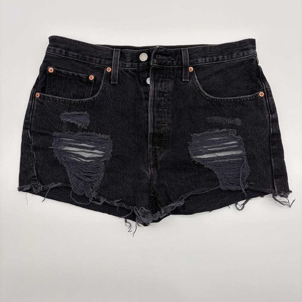 LEVI'S 501 BLACK Denim Short High Rise Fitted Through Hip Size W31 Button Fly